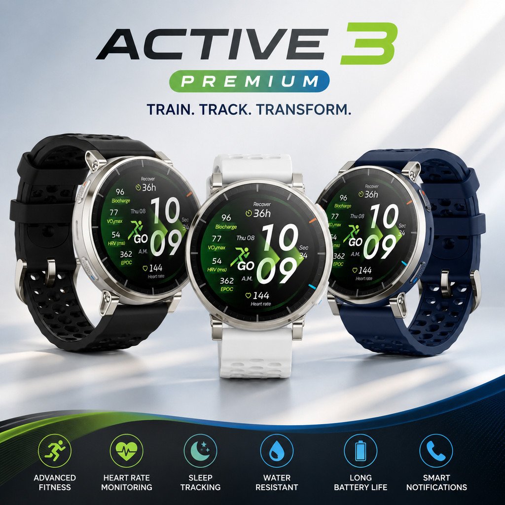 Amazfit Active 3 Premium รุ่นใหม่ หน้าจอ AMOLED 1.32" 3000nits หน้าจอ Sapphire Built-in running workouts
