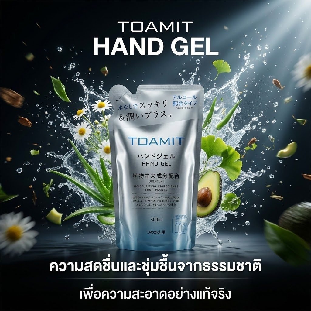 TOAMIT Hand Gel รีฟิล 500ml เจลล้างมือแอลกอฮอล์สูตรอ่อนโยน ส่วนผสมจากพืช เก็บความชุ่มชื้น